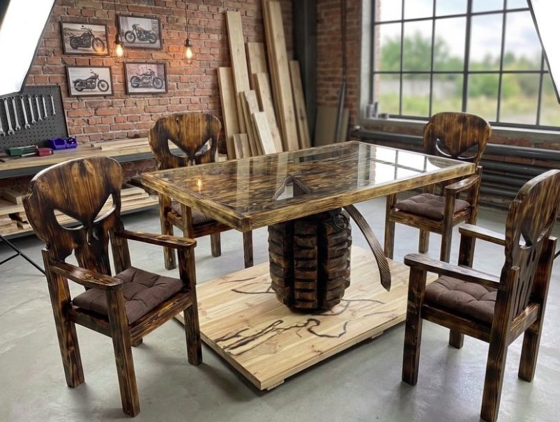 Grenade table with skull chairs in the War Wood workshop